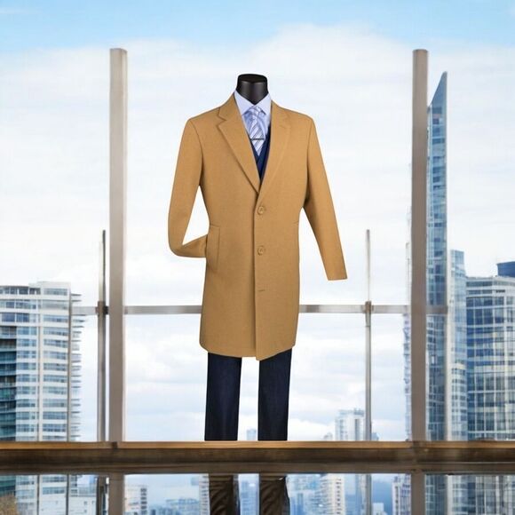 MEN'S VINCI 3/4 LENGTH 38" CAMEL CASHMERE BLEND TOP COAT. CL38 - Picture 1 of 2